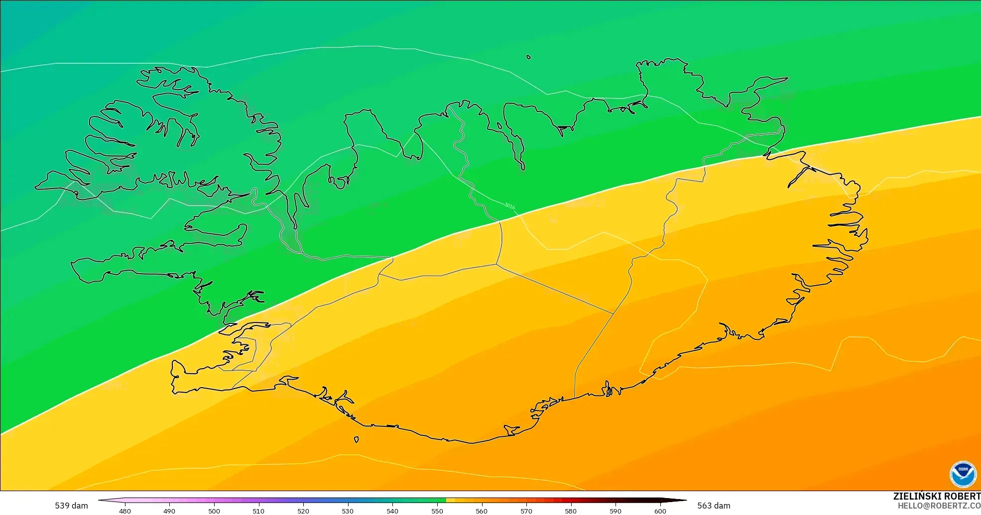 GFS modelo - Islandia, Altura geopotencial a 500 hPa