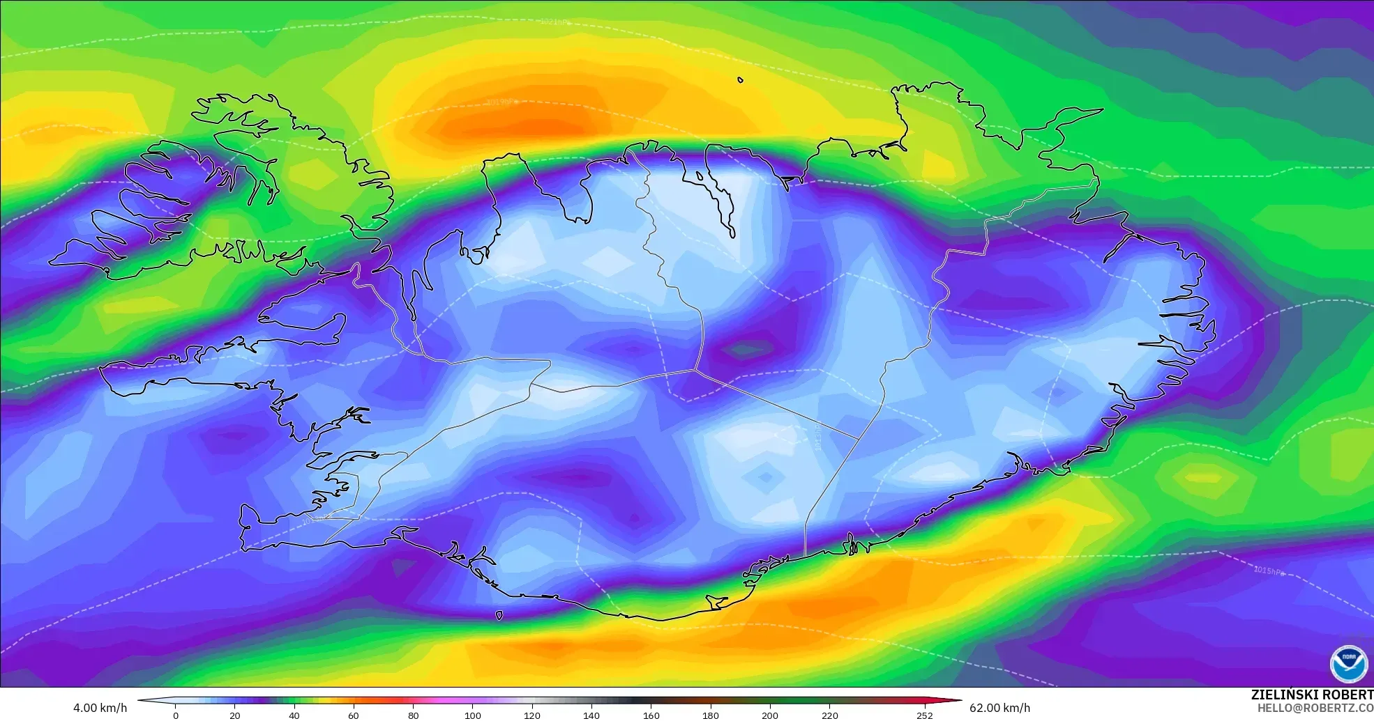 GFS modelo - Islandia, Ráfagas de Viento Máximas