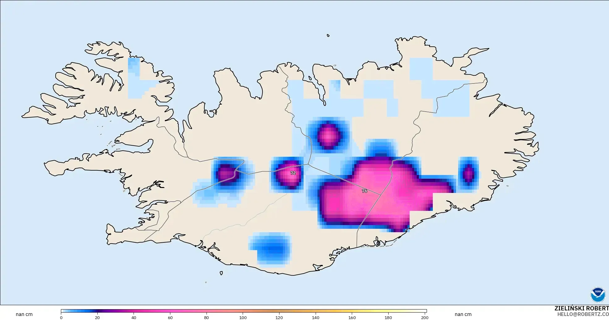 GFS modelo - Islandia, Profundidad de nieve
