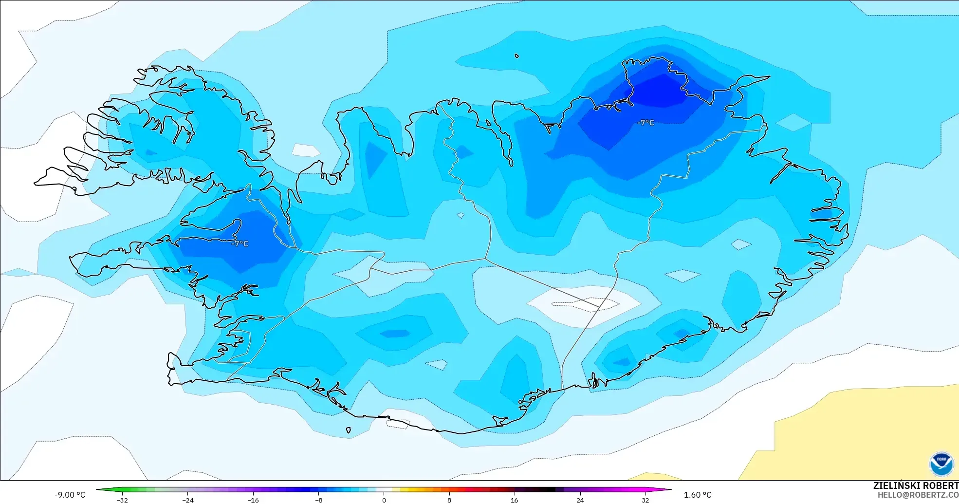 GFS modelo - Islandia, Anomalía de temperatura a 2 m