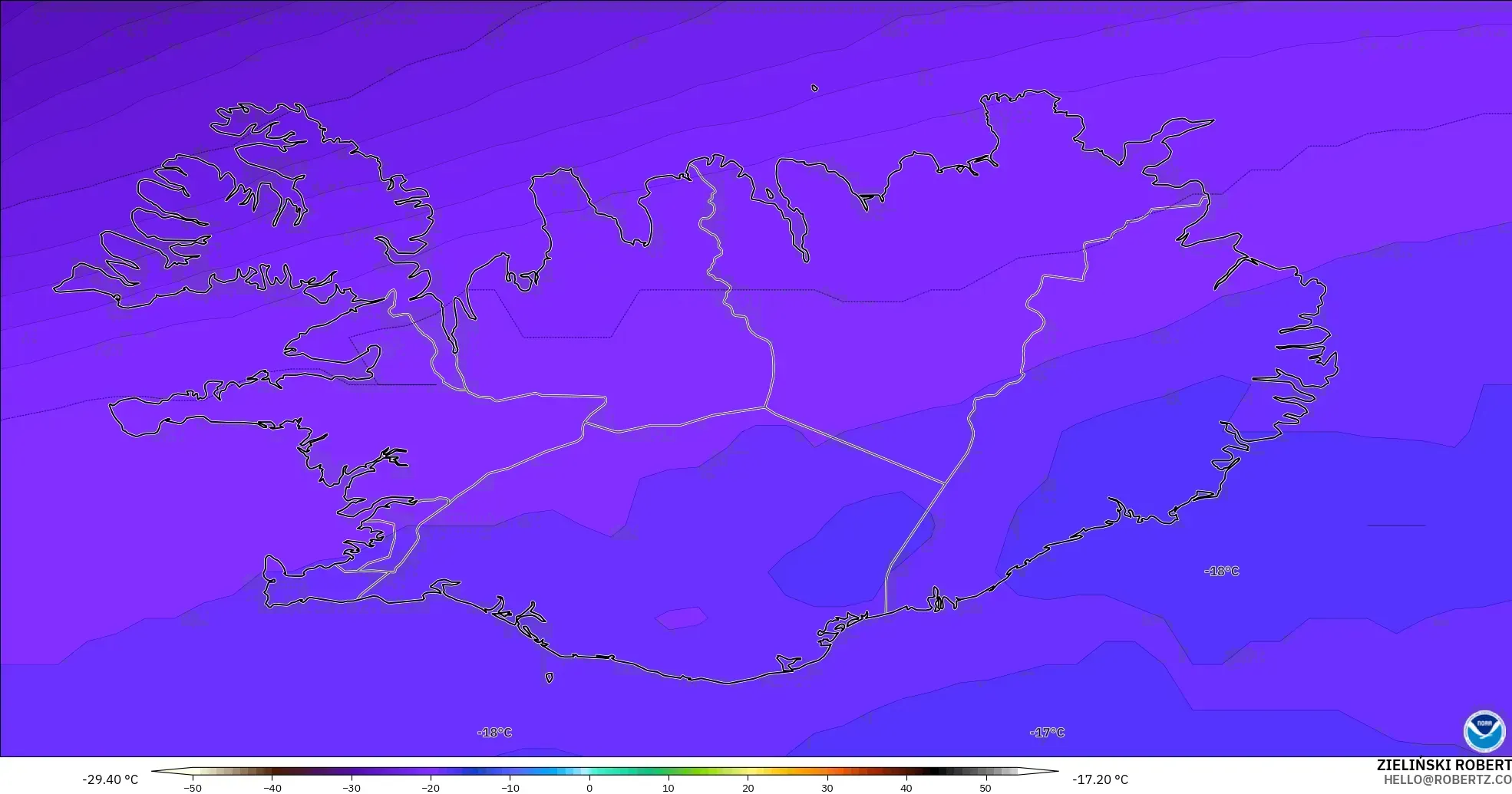 GFS modelo - Islandia, Temperatura a 500 hPa