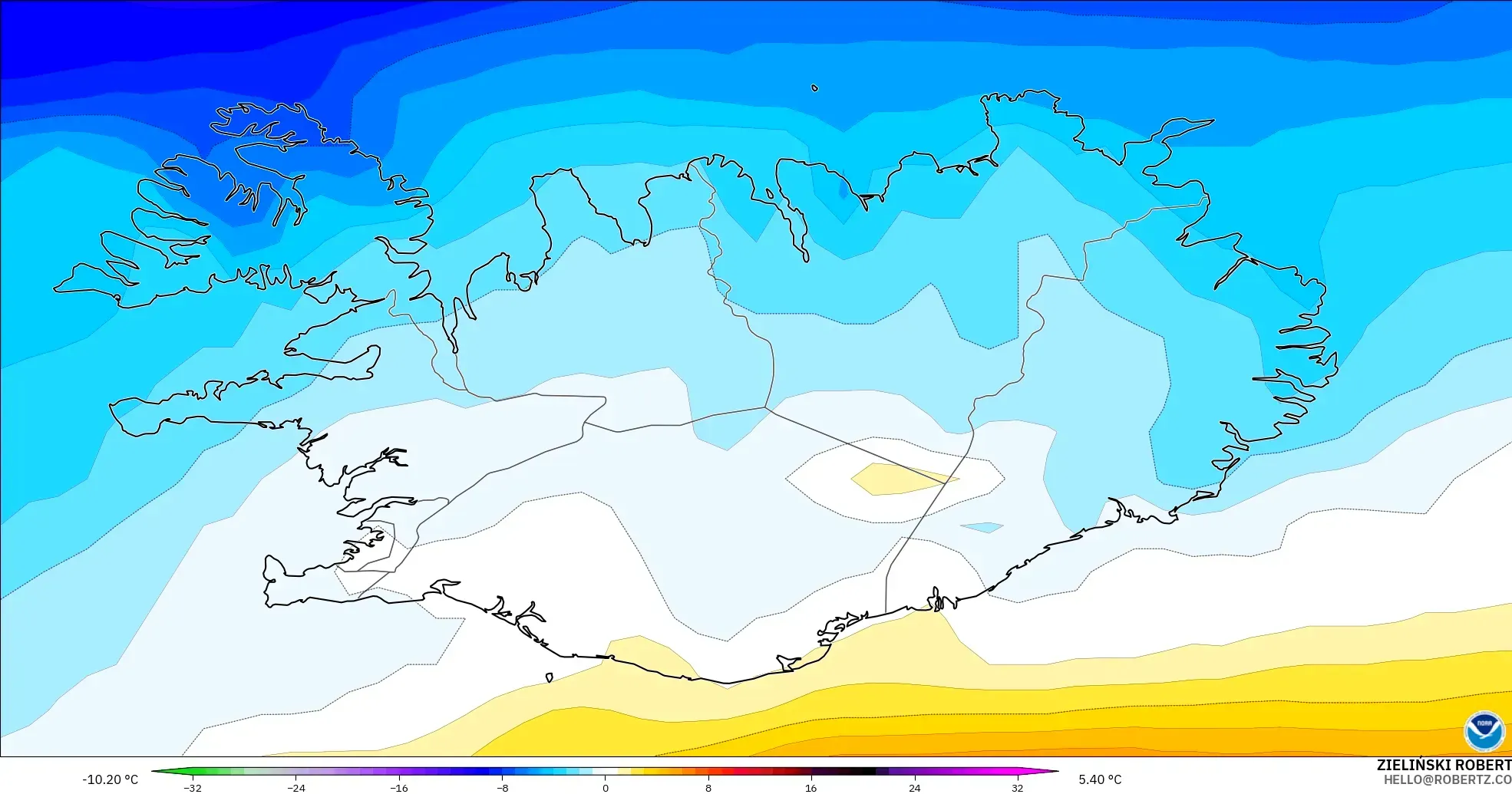 GFS modelo - Islandia, Anomalía de temperatura a 850 hPa