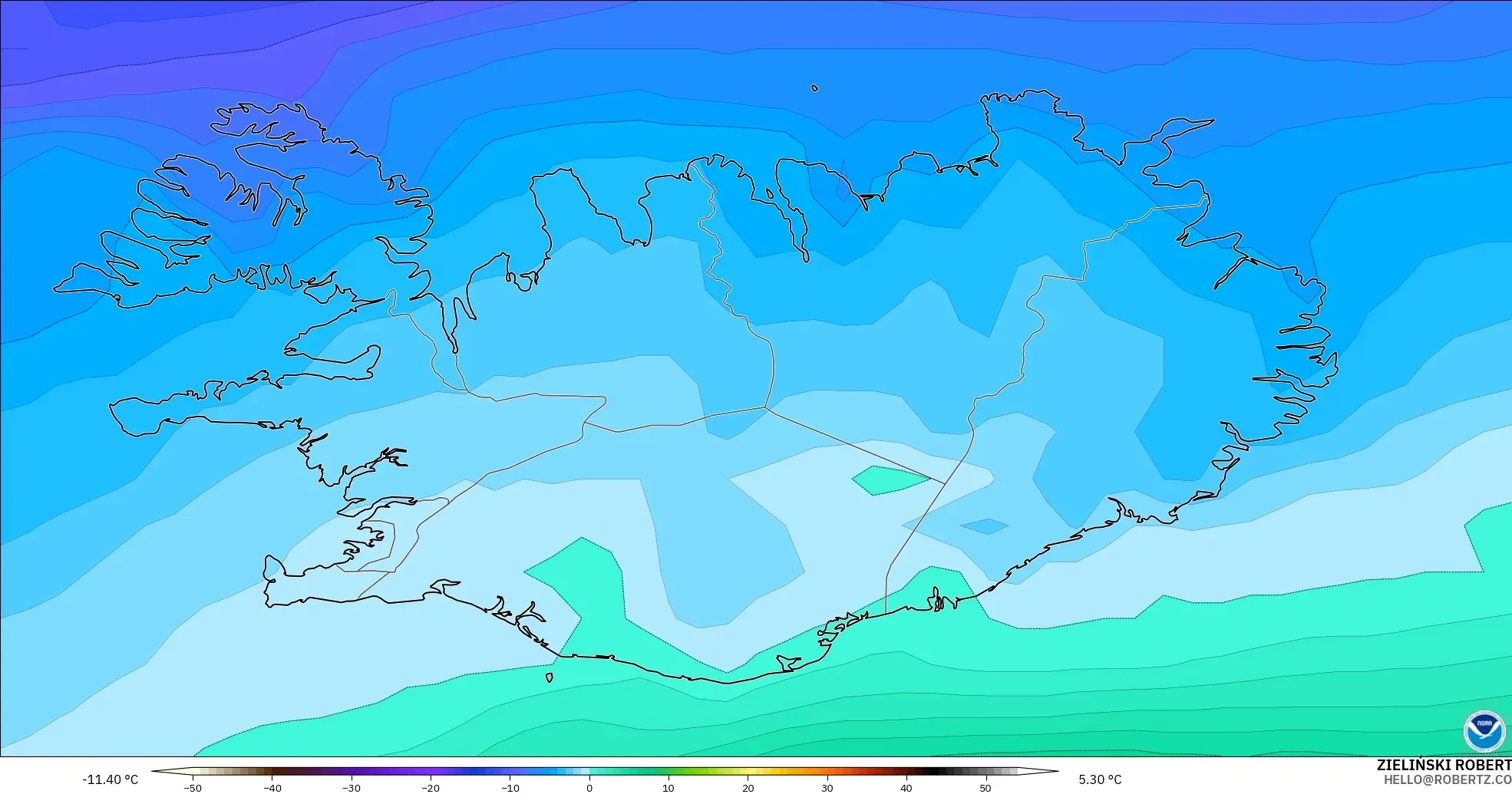 GFS modelo - Islandia, Temperatura a 850 hPa