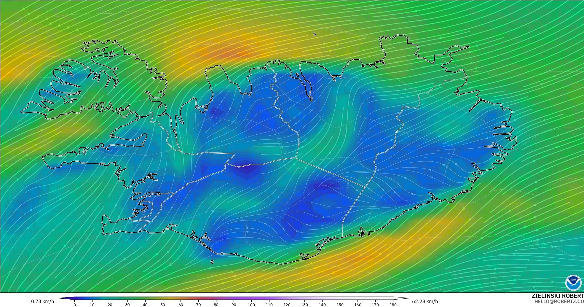 GFS modelo - Islandia, Viento a 10 m