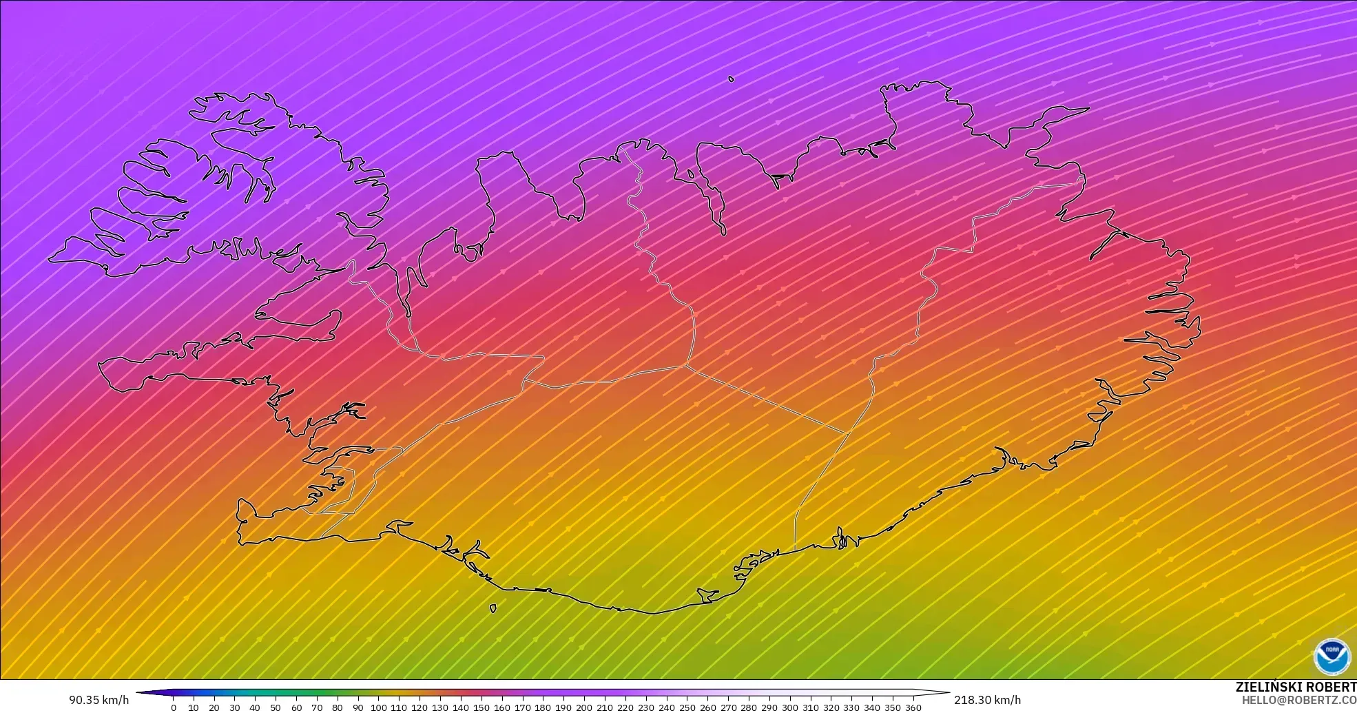 GFS modelo - Islandia, Viento a 300 hPa (corriente en chorro)