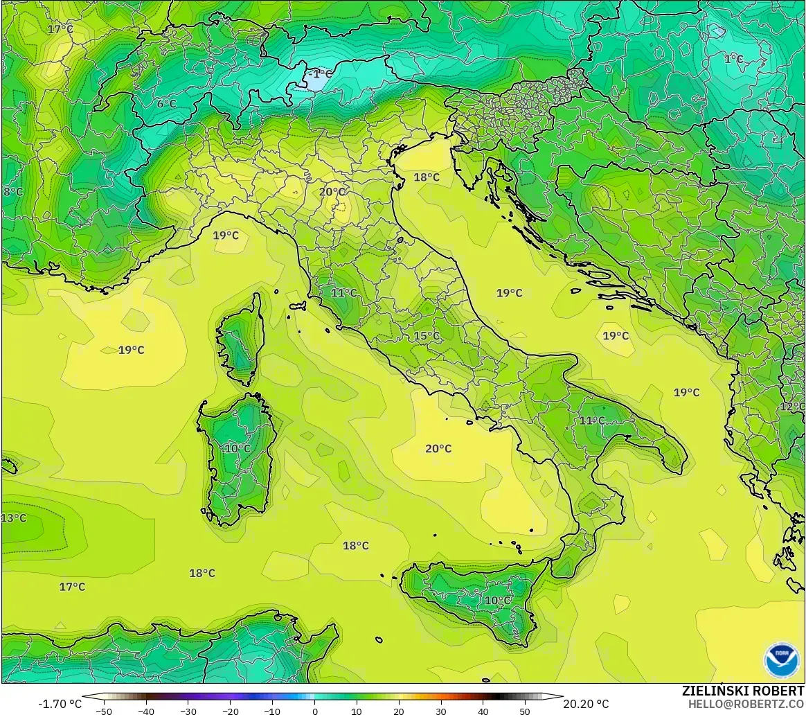 GFS modelo - Italia, Punto de rocío a 2 m