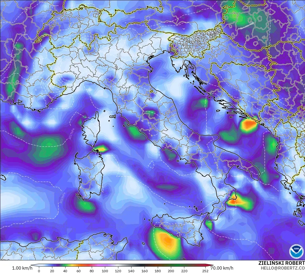 GFS modelo - Italia, Ráfagas de Viento Máximas
