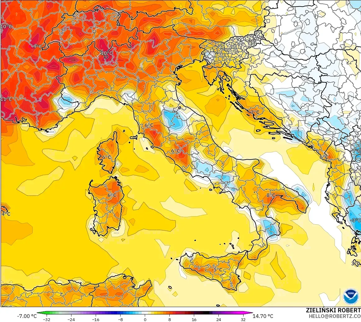 GFS modelo - Italia, Anomalía de temperatura a 2 m