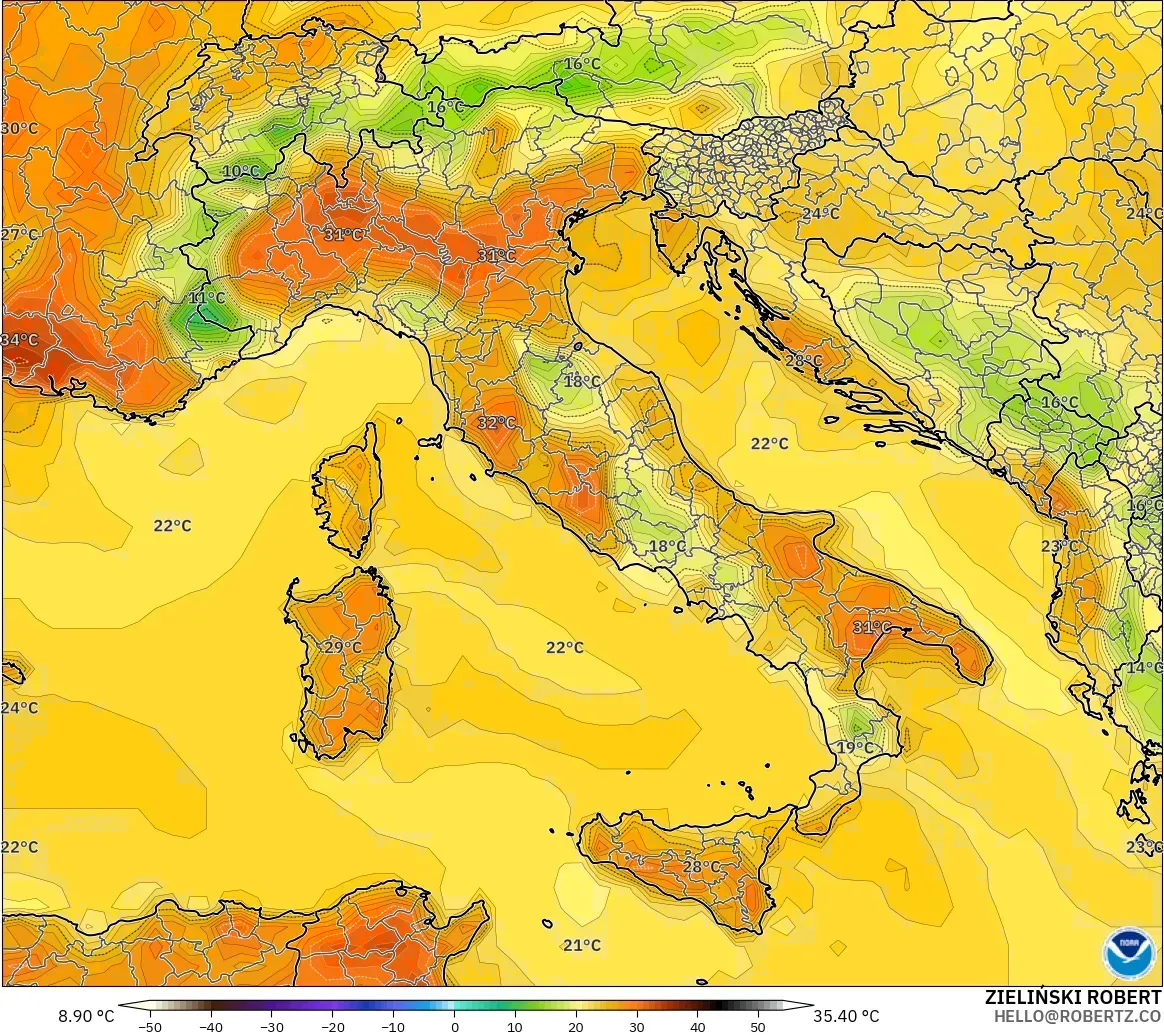 GFS modelo - Italia, Temperatura a 2 m