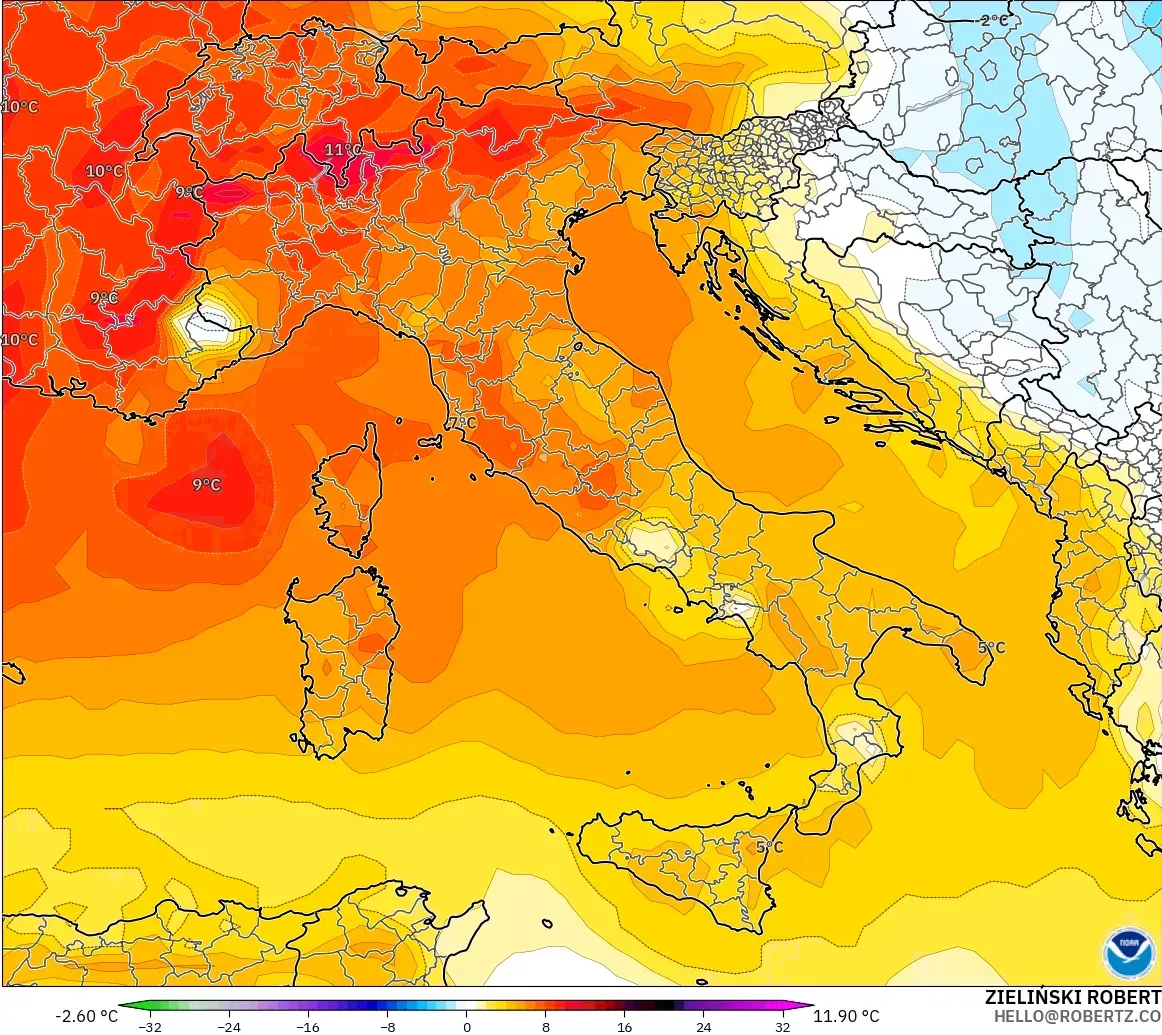 GFS modelo - Italia, Anomalía de temperatura a 850 hPa