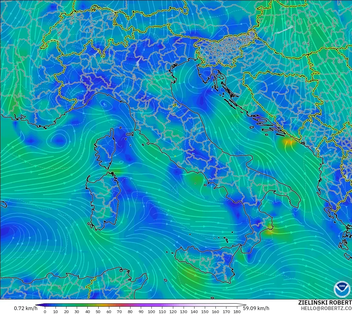 GFS modelo - Italia, Viento a 10 m