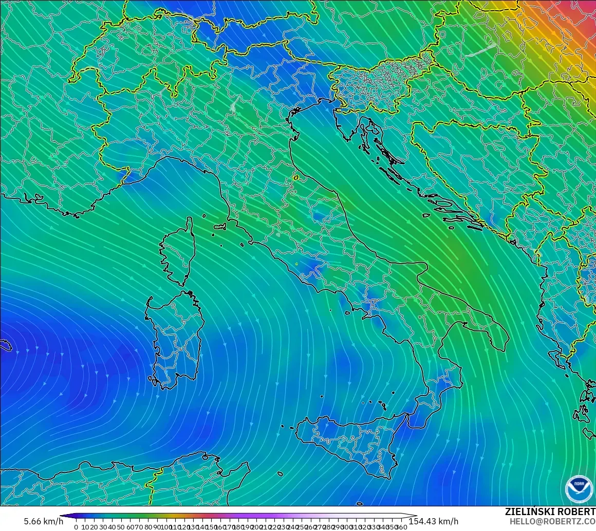 GFS modelo - Italia, Viento a 300 hPa (corriente en chorro)