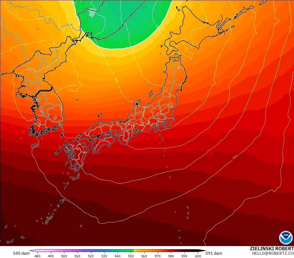 GFS modelo - Japón, Altura geopotencial a 500 hPa