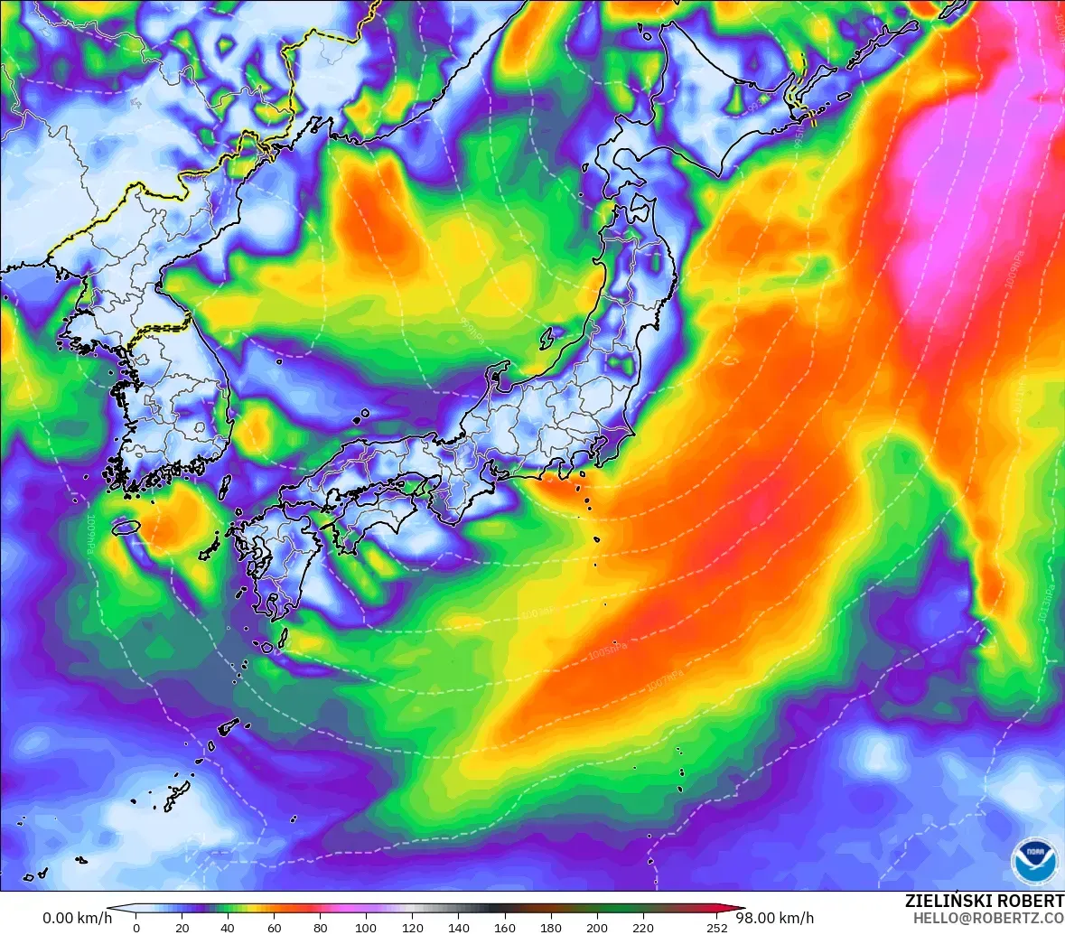 GFS modelo - Japón, Ráfagas de viento