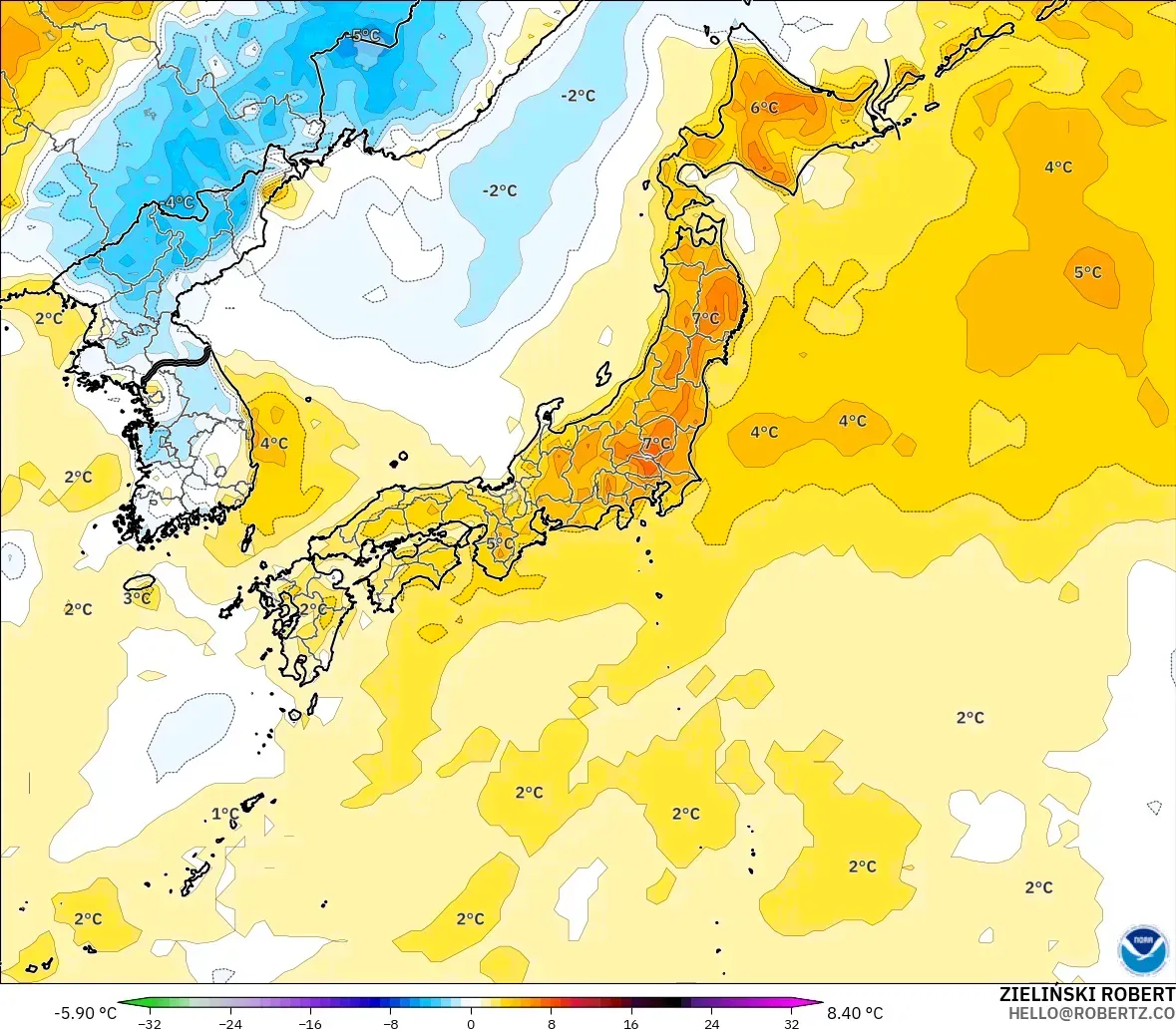 GFS modelo - Japón, Anomalía de temperatura a 2 m
