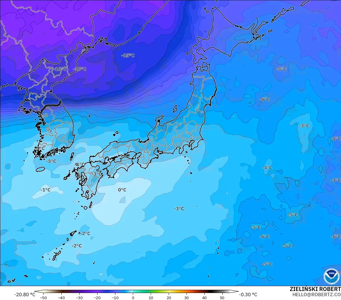 GFS modelo - Japón, Temperatura a 500 hPa