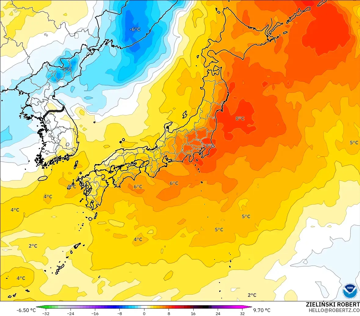 GFS modelo - Japón, Anomalía de temperatura a 850 hPa