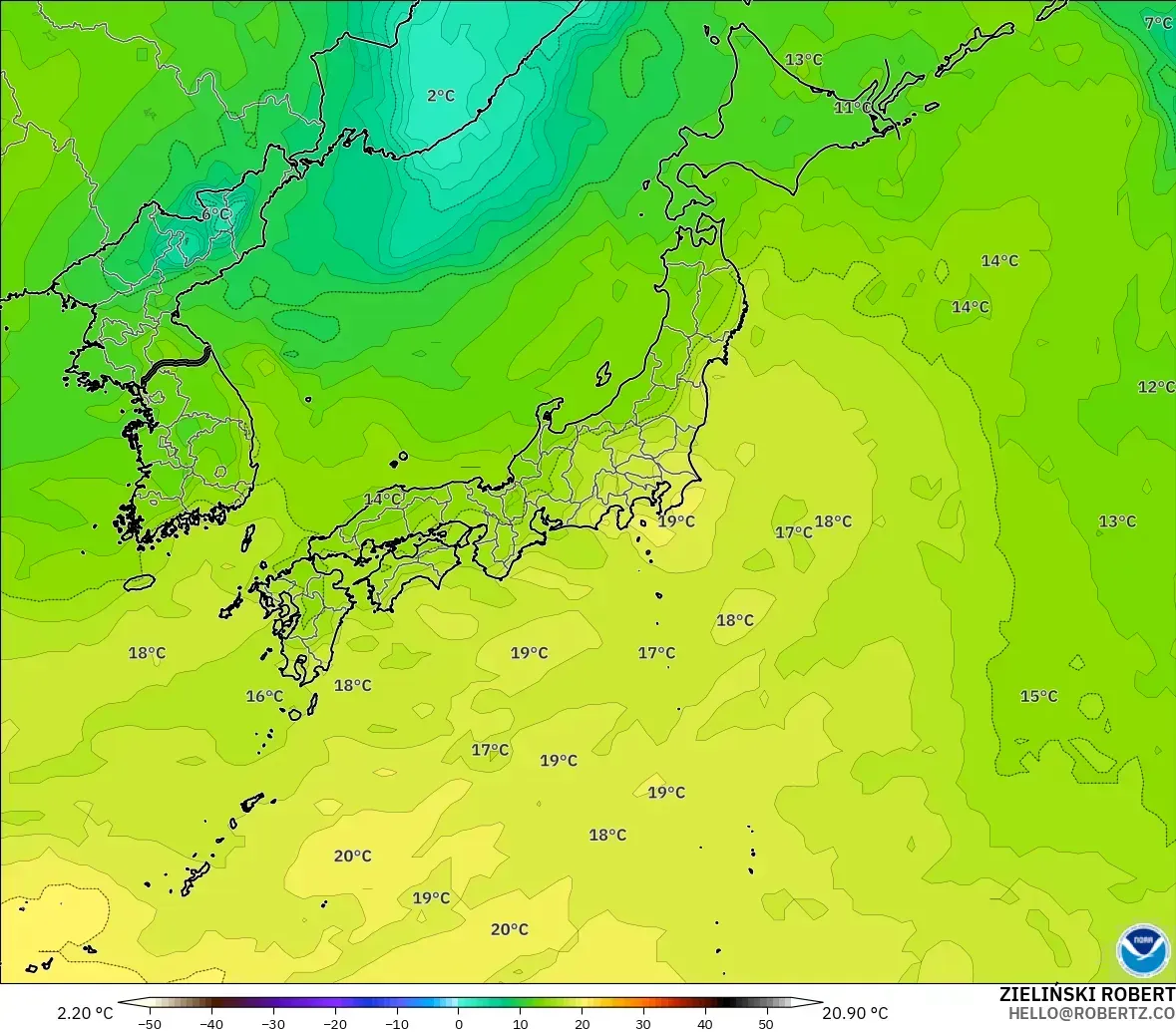 GFS modelo - Japón, Temperatura a 850 hPa