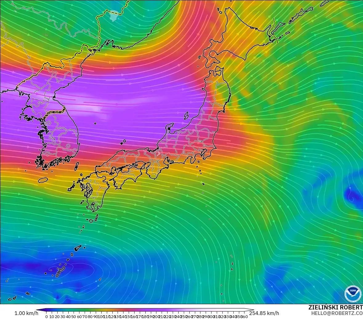 GFS modelo - Japón, Viento a 300 hPa (corriente en chorro)