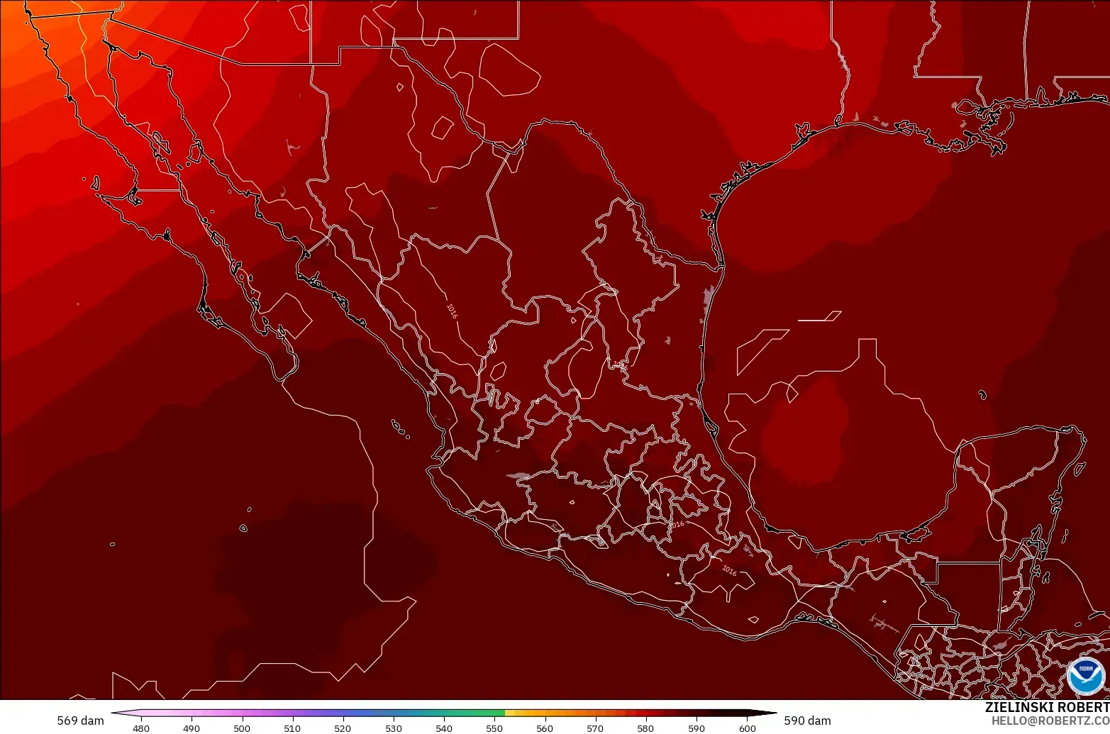GFS modelo - México, Altura geopotencial a 500 hPa