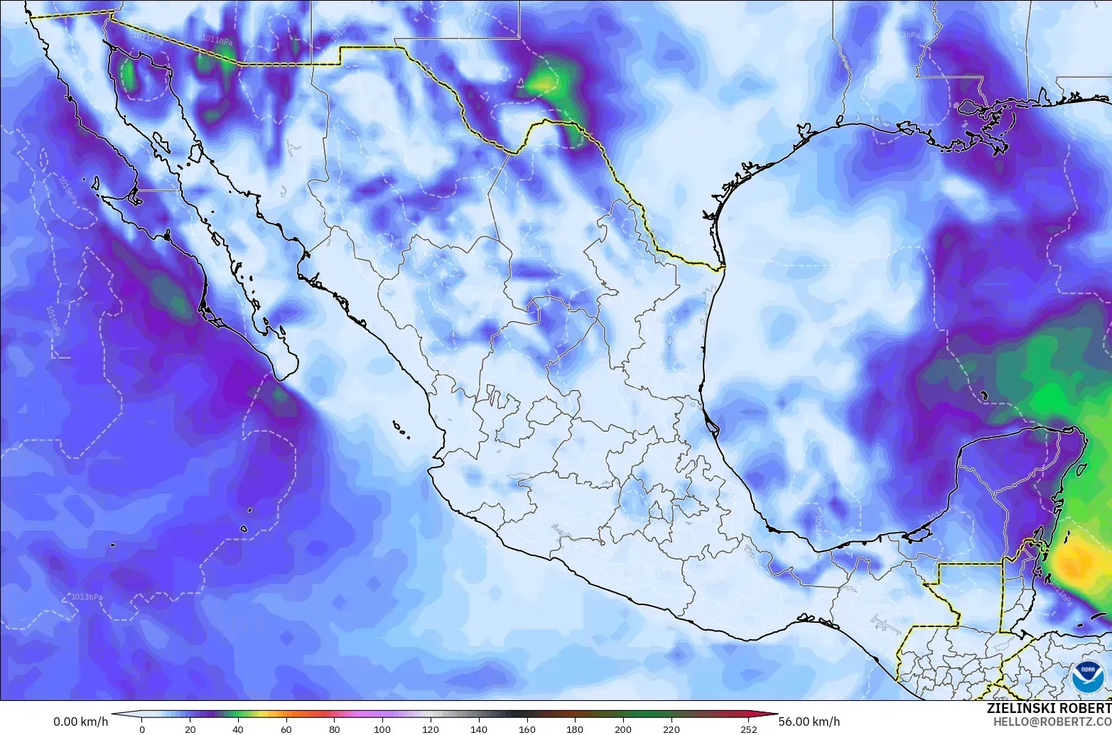 GFS modelo - México, Ráfagas de viento