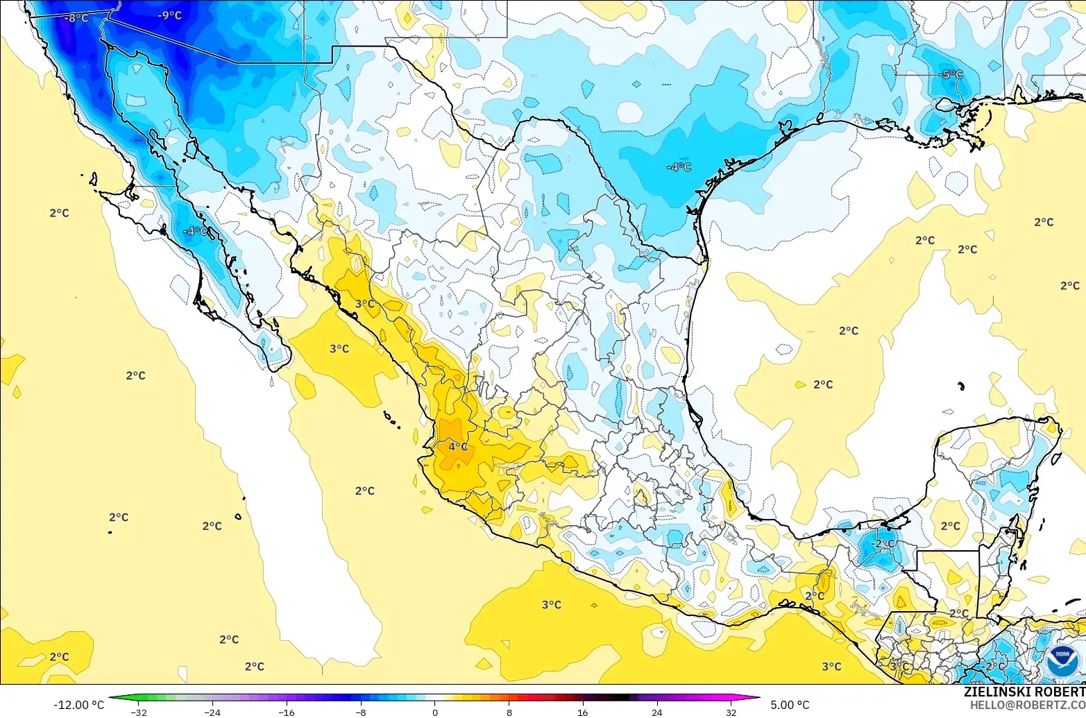 GFS modelo - México, Anomalía de temperatura a 2 m