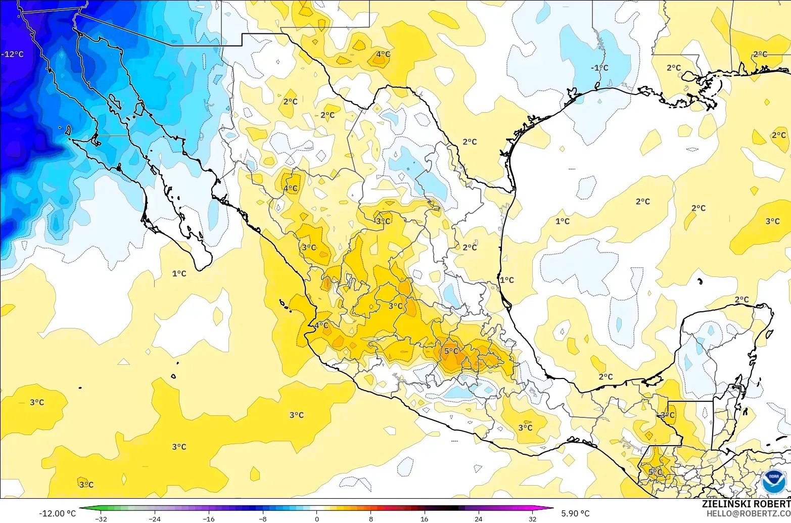 GFS modelo - México, Anomalía de temperatura a 850 hPa