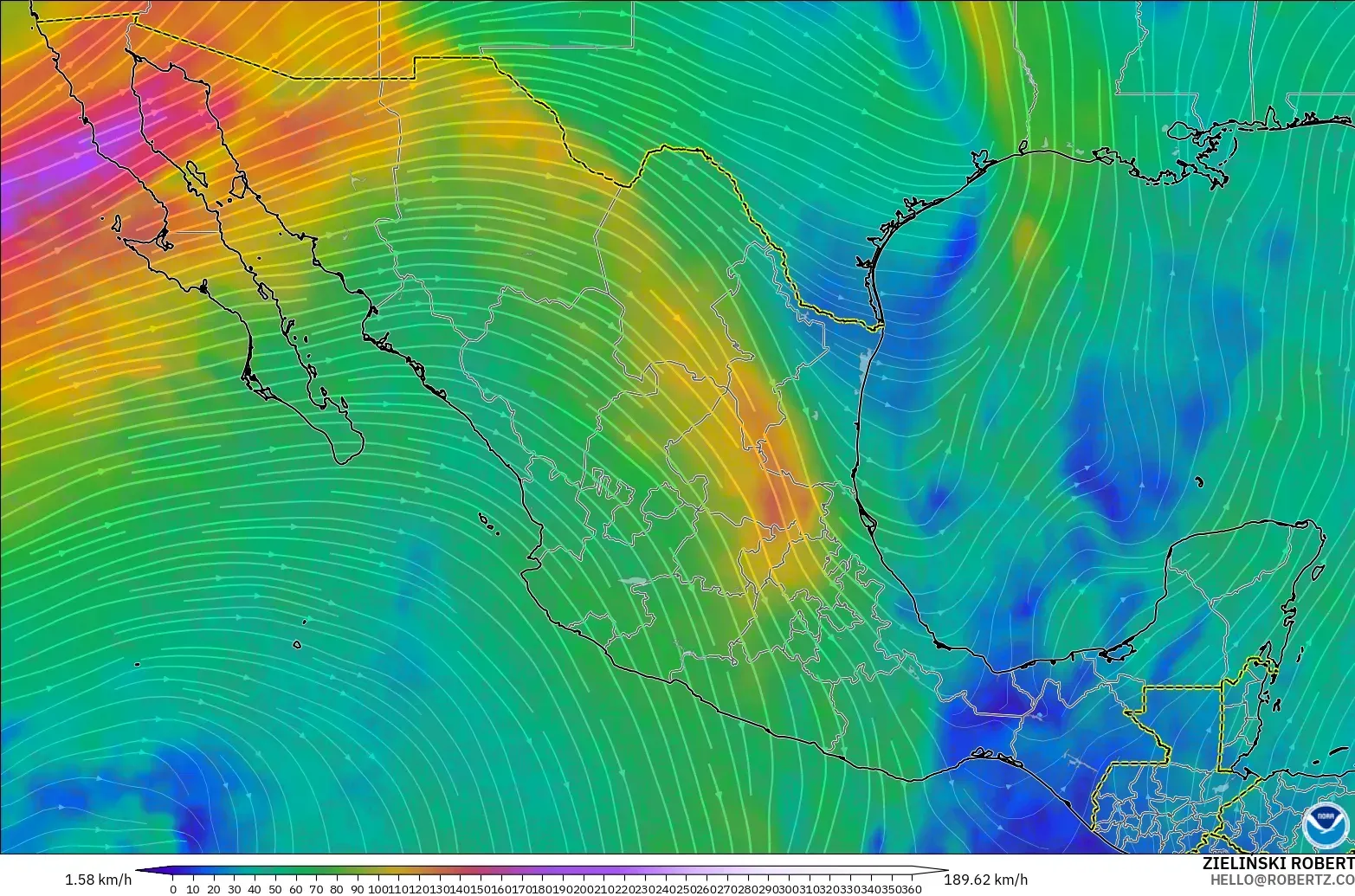 GFS modelo - México, Viento a 300 hPa (corriente en chorro)