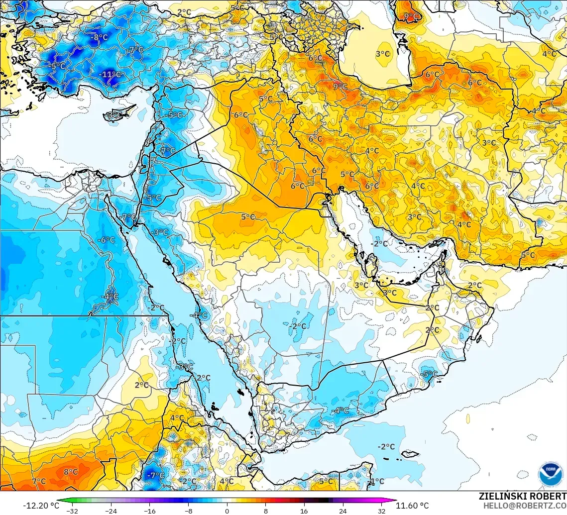 GFS modelo - Oriente Medio, Anomalía de temperatura a 2 m