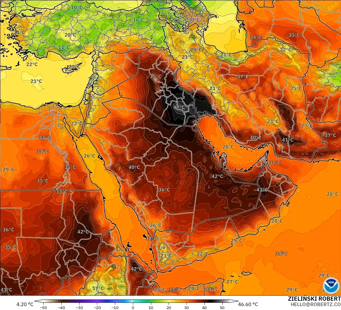GFS modelo - Oriente Medio, Temperatura a 2 m