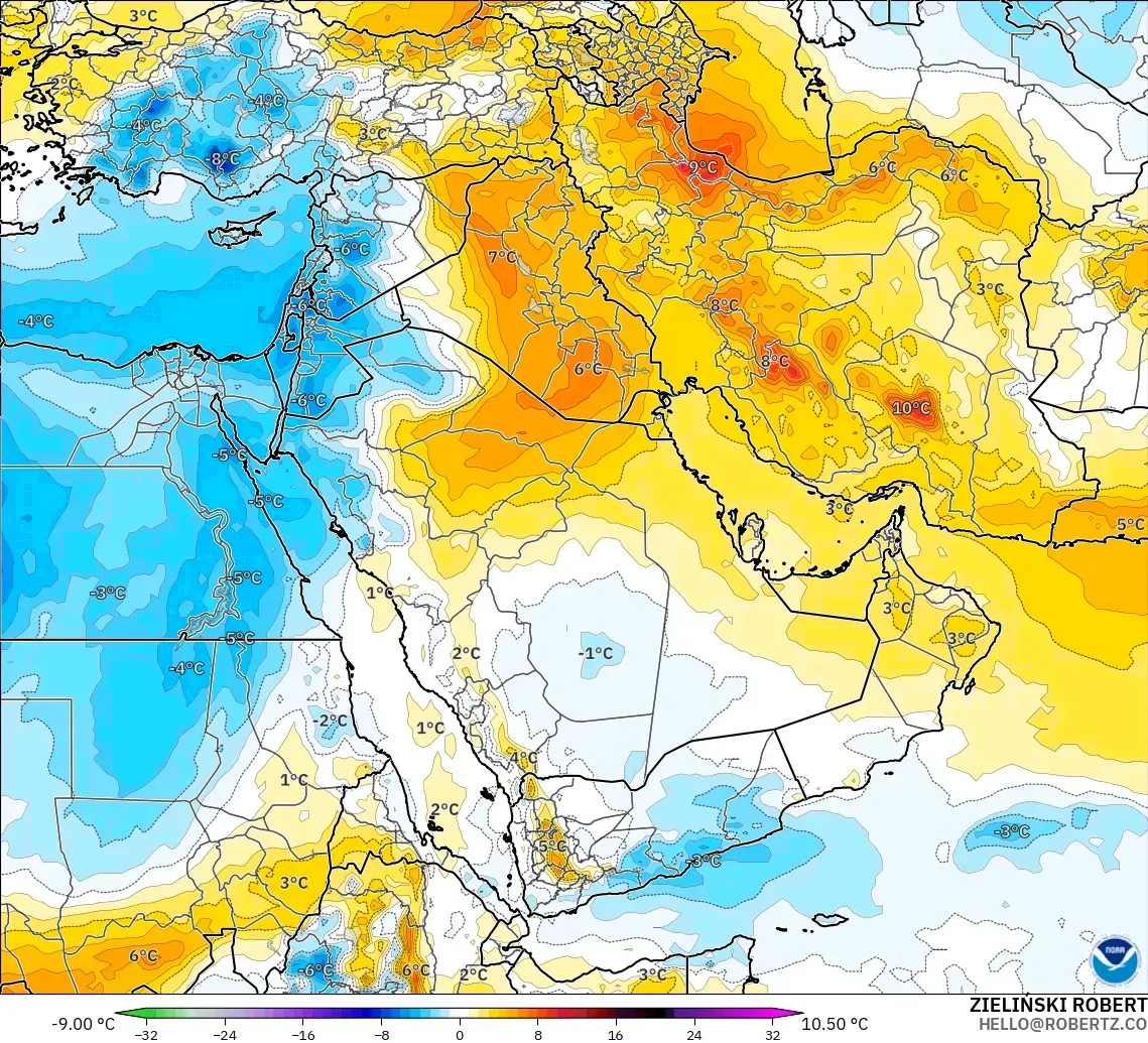 GFS modelo - Oriente Medio, Anomalía de temperatura a 850 hPa
