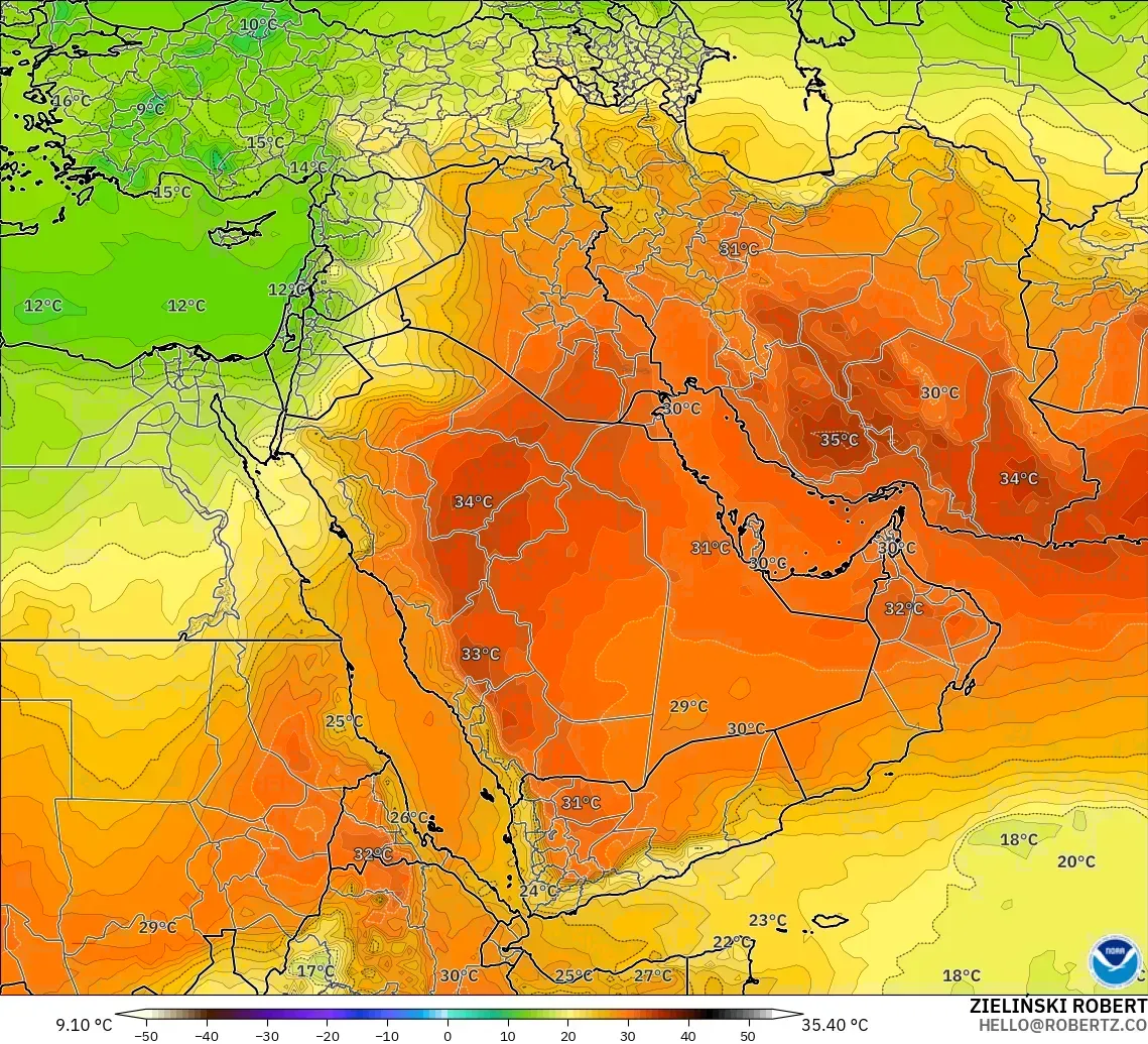 GFS modelo - Oriente Medio, Temperatura a 850 hPa
