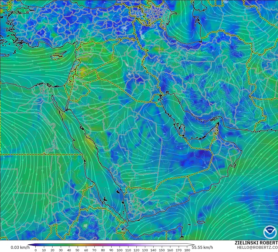 GFS modelo - Oriente Medio, Viento a 10 m