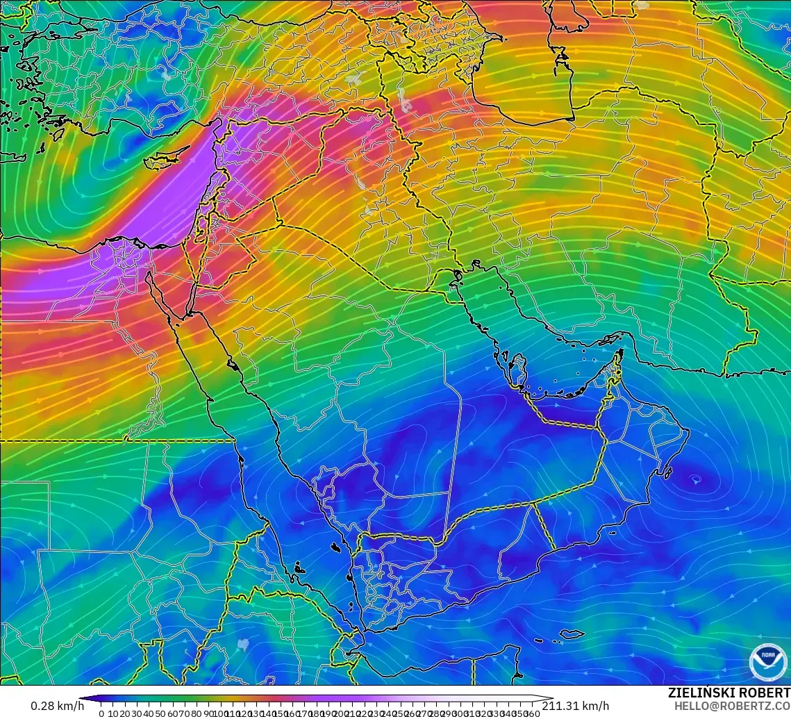 GFS modelo - Oriente Medio, Viento a 300 hPa (corriente en chorro)