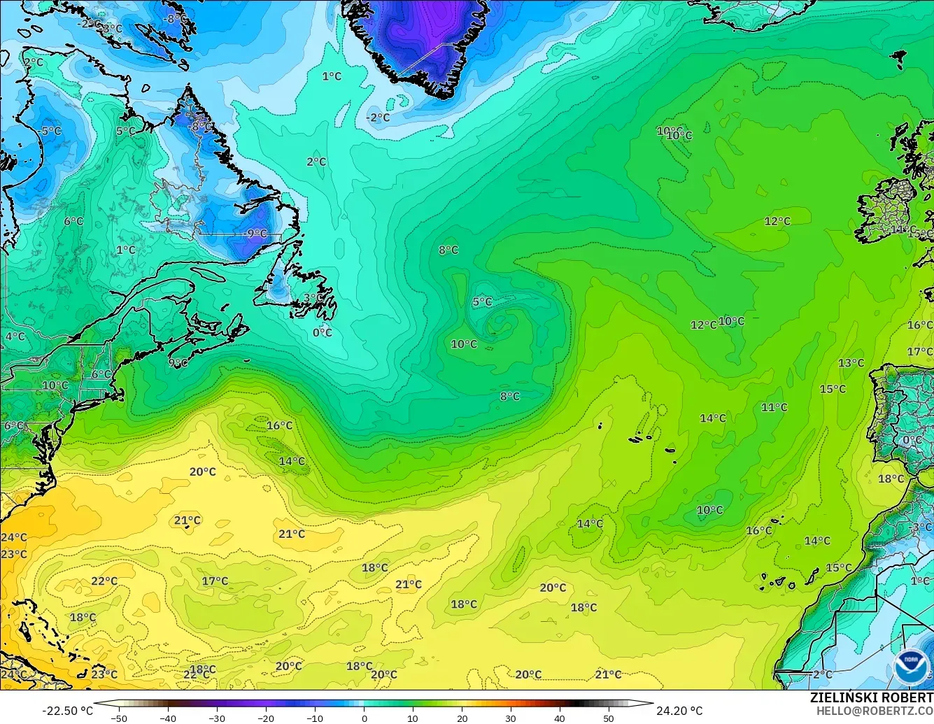 GFS modelo - Norte Atlántico, Punto de rocío a 2 m