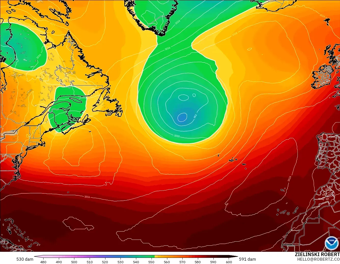 GFS modelo - Norte Atlántico, Altura geopotencial a 500 hPa