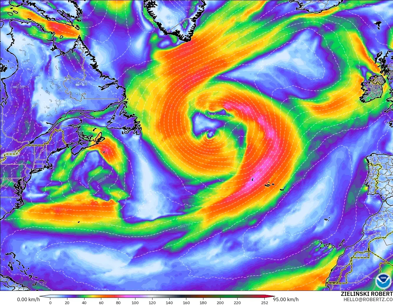 GFS modelo - Norte Atlántico, Ráfagas de Viento Máximas