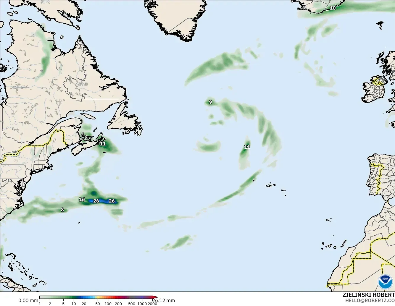 GFS modelo - Norte Atlántico, Acumulación de precipitación