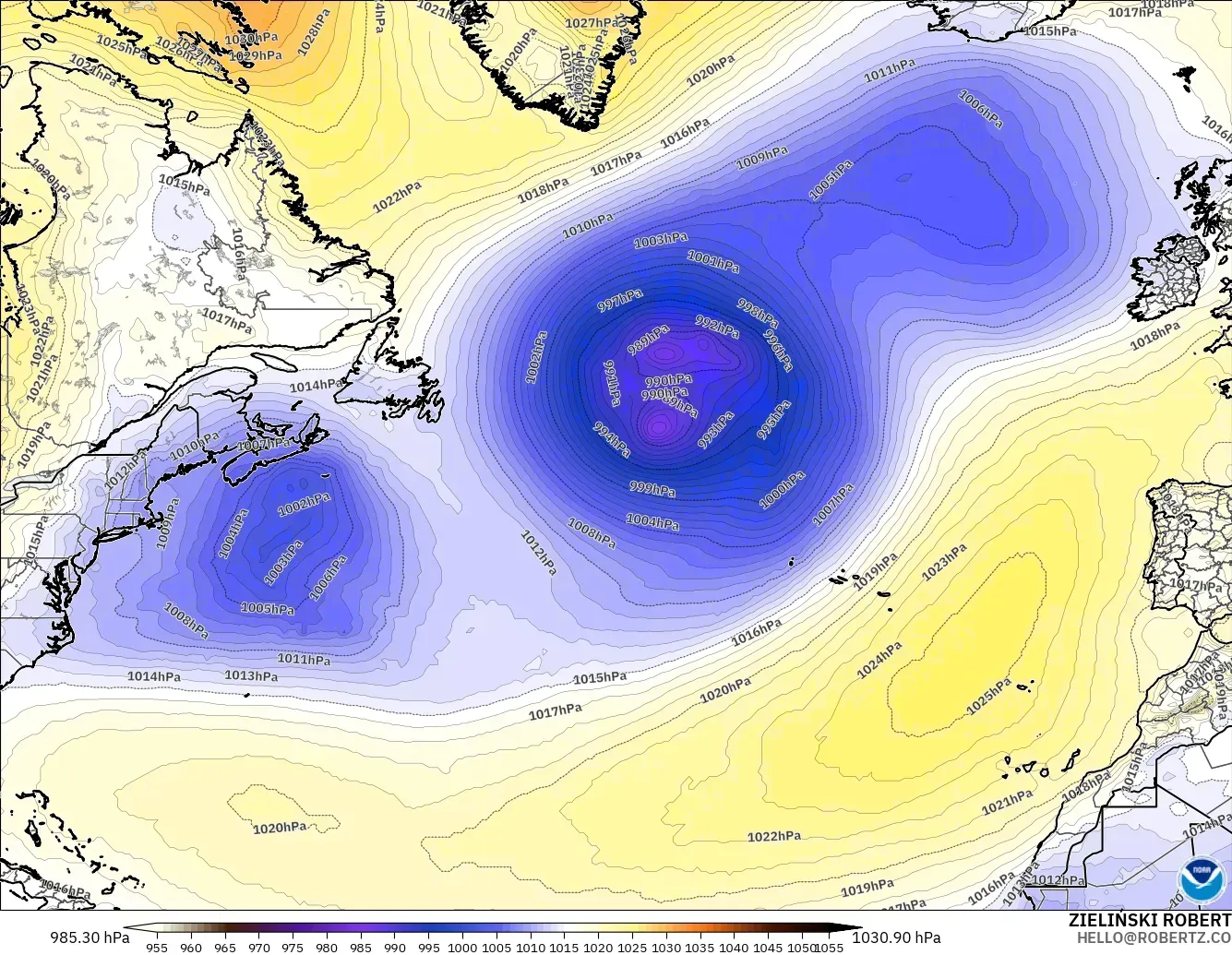 GFS modelo - Norte Atlántico, Presión
