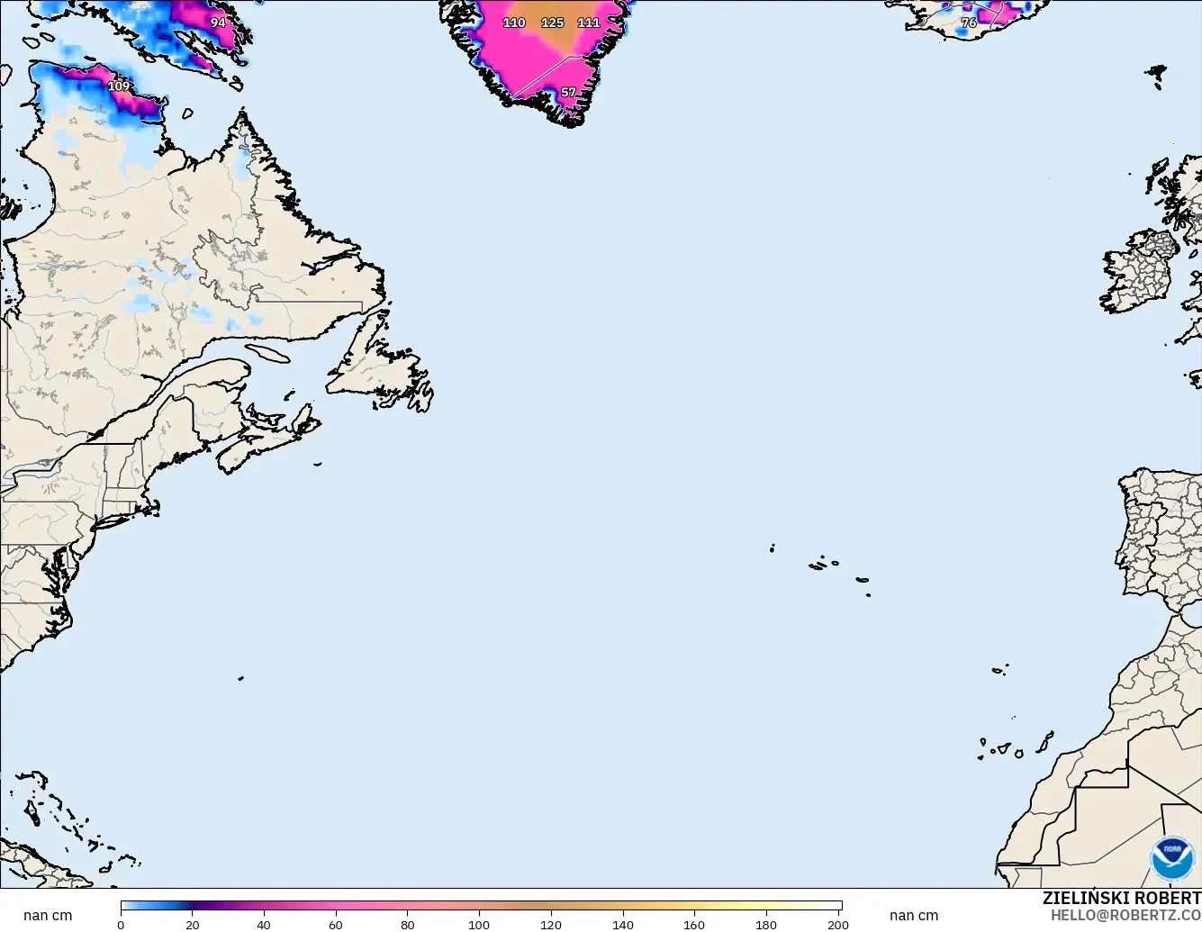 GFS modelo - Norte Atlántico, Profundidad de nieve