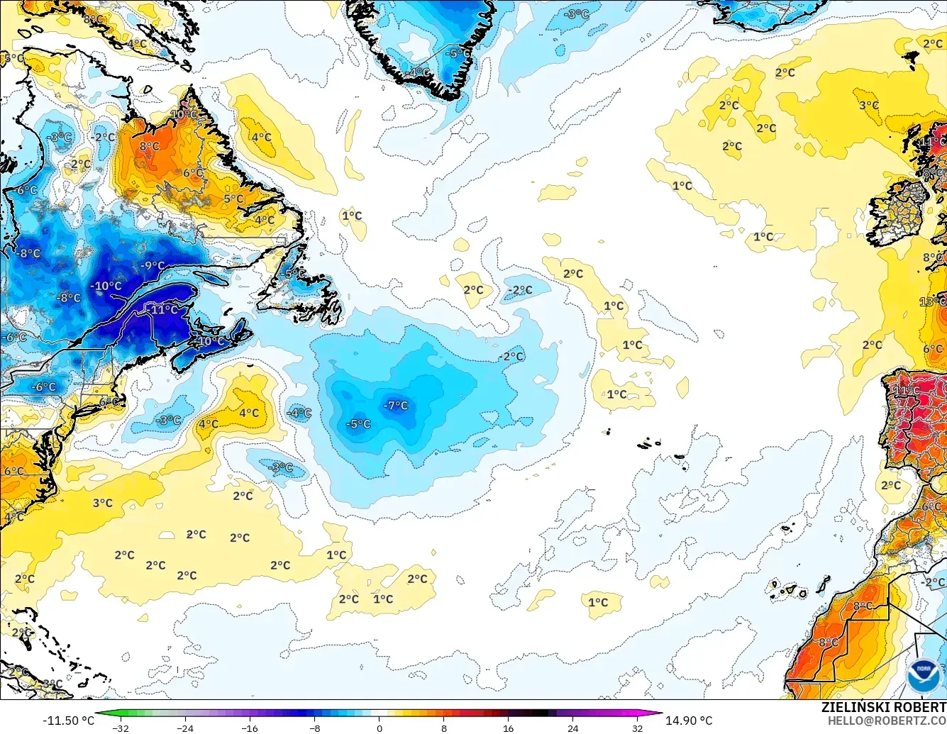 GFS modelo - Norte Atlántico, Anomalía de temperatura a 2 m