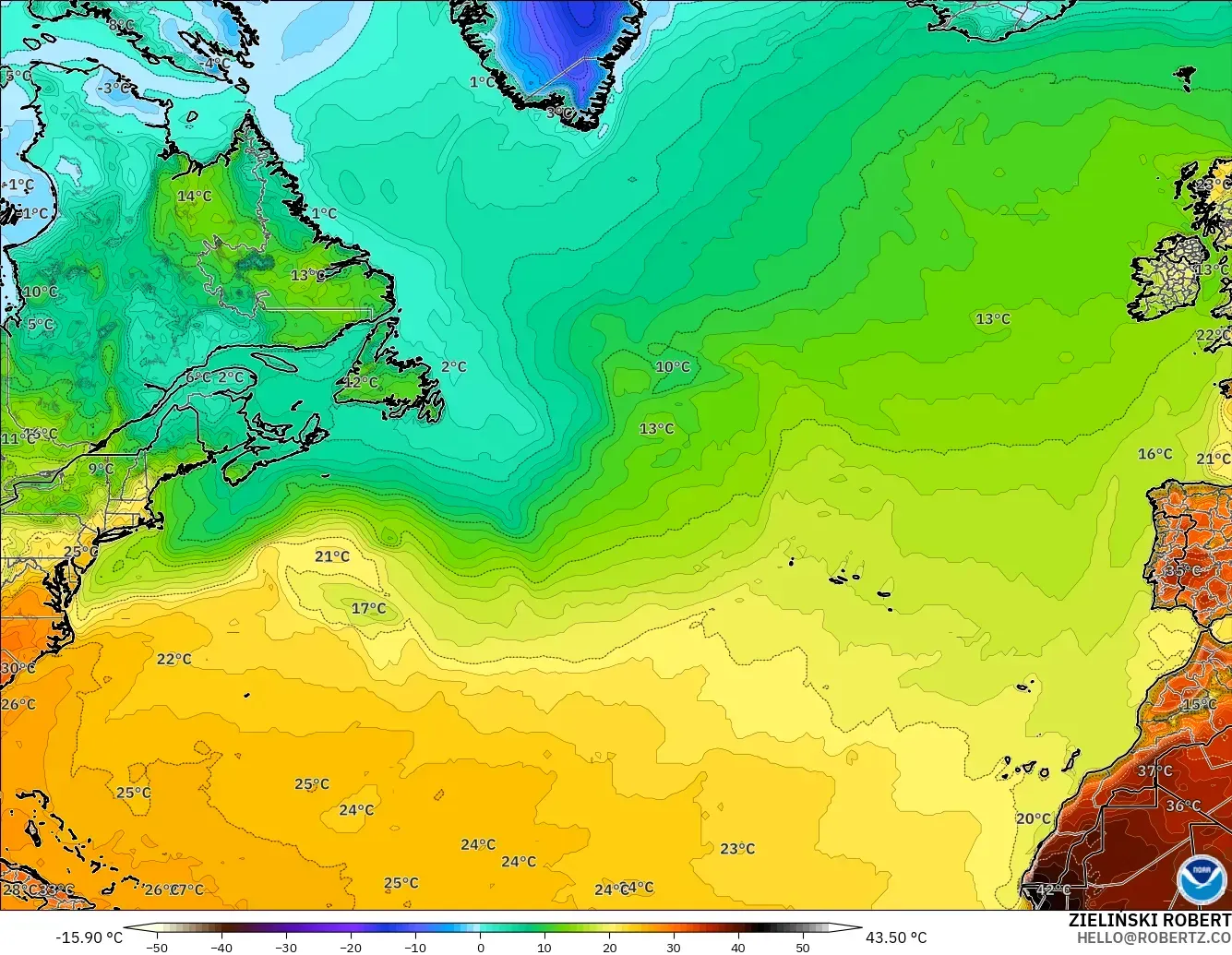GFS modelo - Norte Atlántico, Temperatura a 2 m