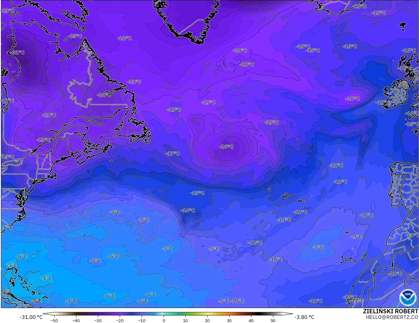 GFS modelo - Norte Atlántico, Temperatura a 500 hPa