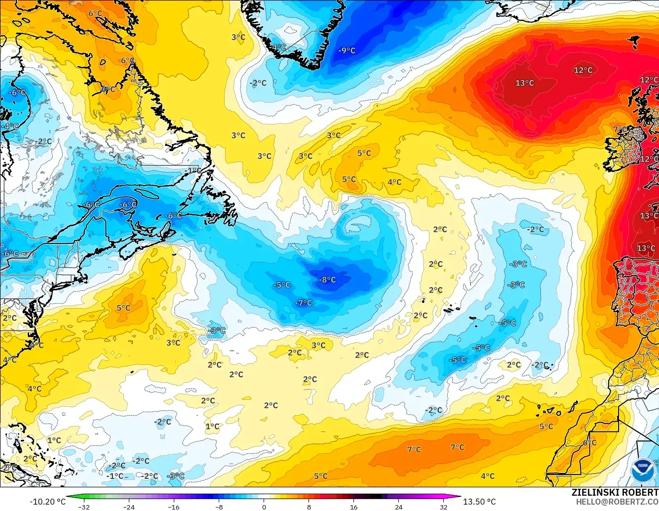 GFS modelo - Norte Atlántico, Anomalía de temperatura a 850 hPa
