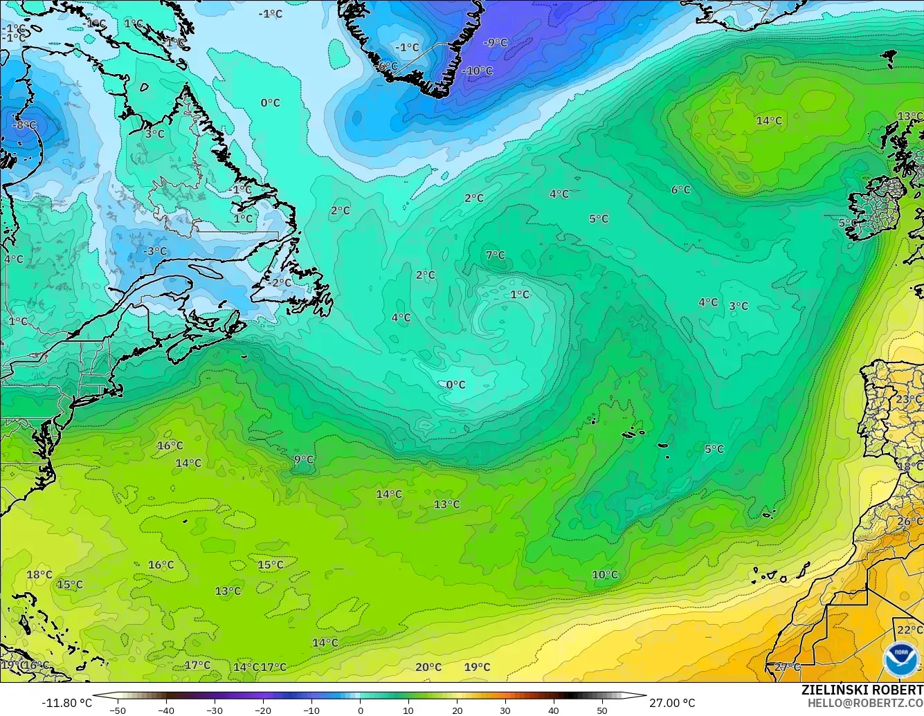 GFS modelo - Norte Atlántico, Temperatura a 850 hPa