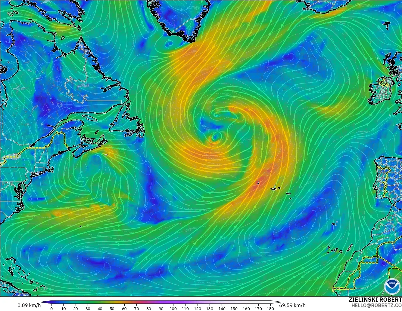 GFS modelo - Norte Atlántico, Viento a 10 m