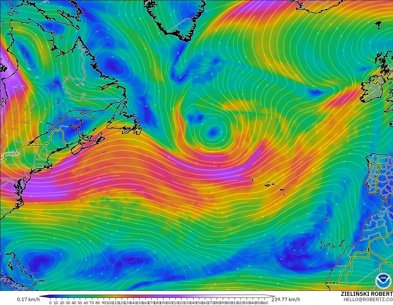 GFS modelo - Norte Atlántico, Viento a 300 hPa (corriente en chorro)