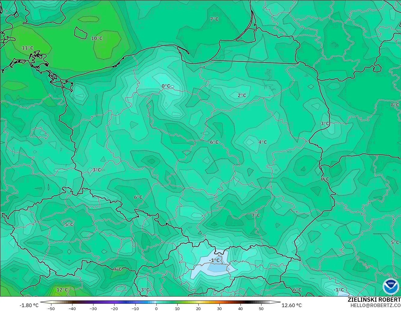 GFS modelo - Polonia, Punto de rocío a 2 m