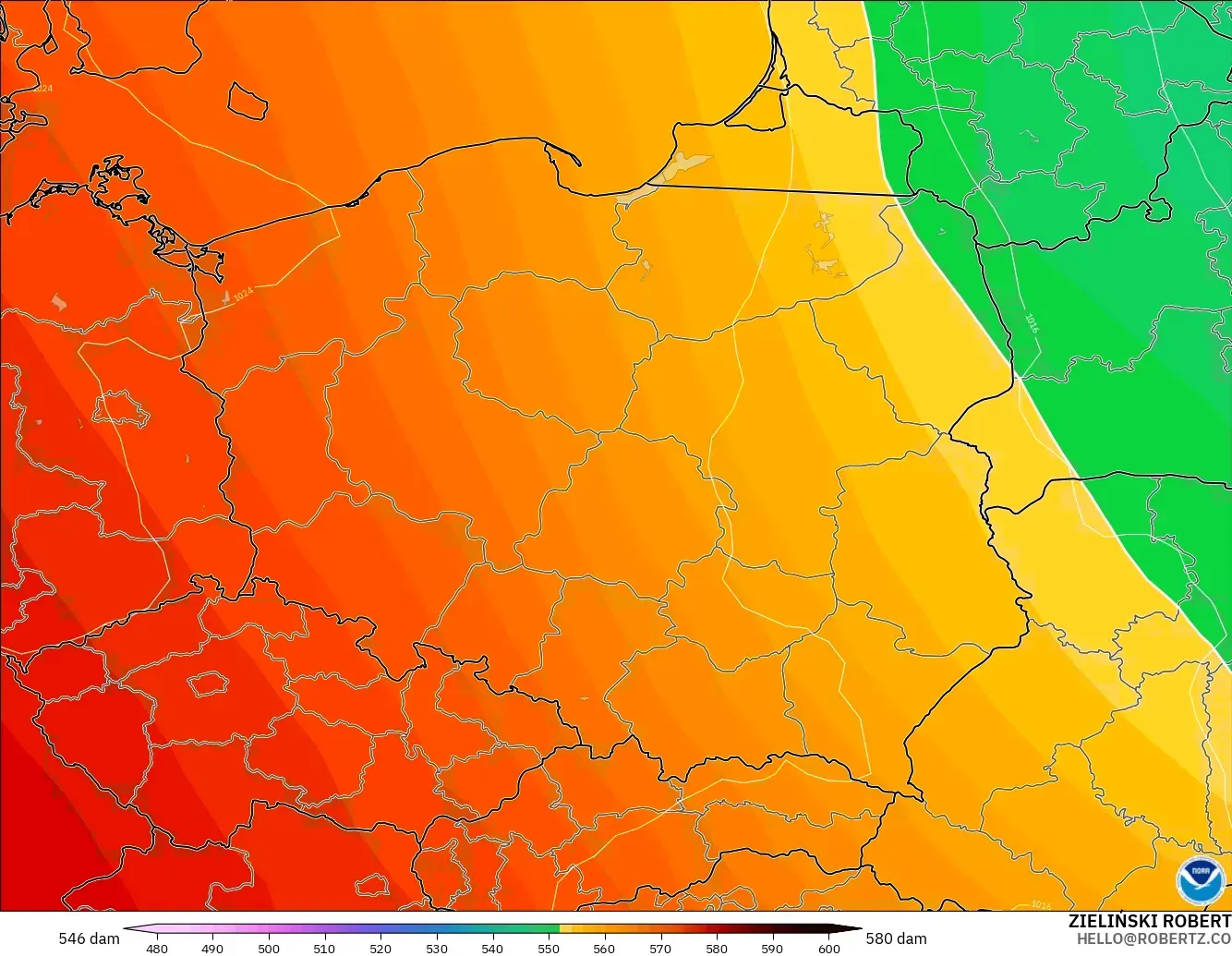 GFS modelo - Polonia, Altura geopotencial a 500 hPa