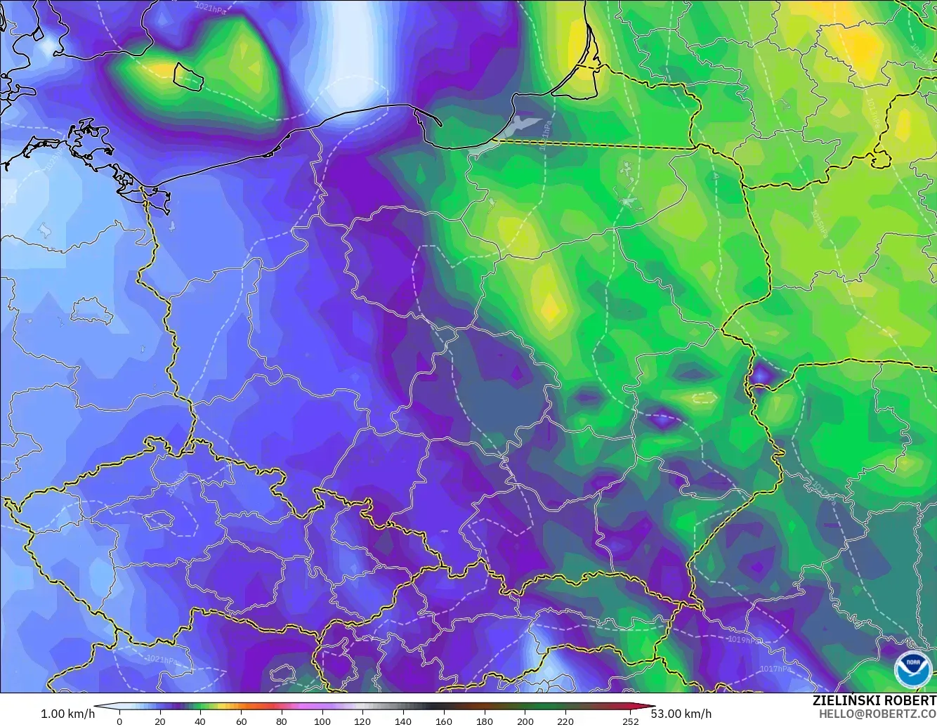 GFS modelo - Polonia, Ráfagas de viento